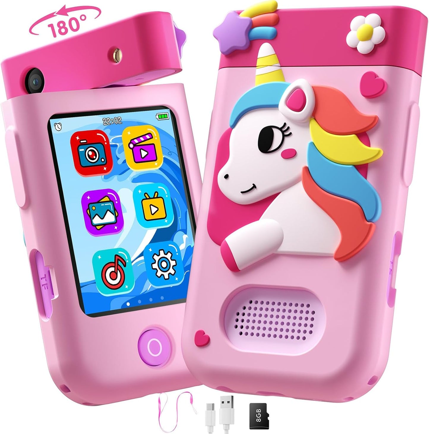 Kids Smart Phone Toys for Boys, Christmas Birthday Gifts for Girls Boys Ages 3-10, Touchscreen Toddler Learning Play Toy Phone with Rotating Camera, Game, Music Player, 8GB SD Card(Green Dinosaur)