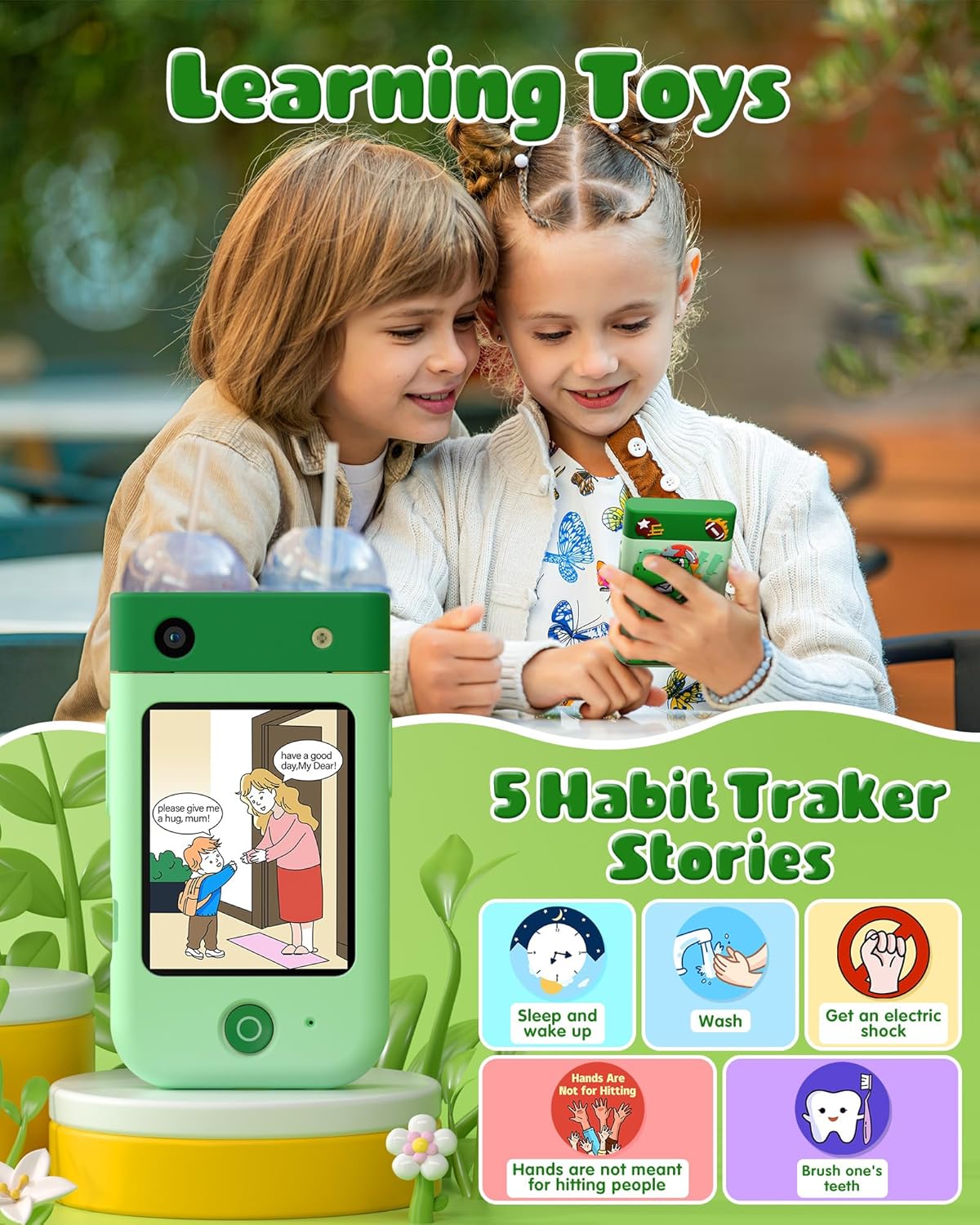 Kids Smart Phone Toys for Boys, Christmas Birthday Gifts for Girls Boys Ages 3-10, Touchscreen Toddler Learning Play Toy Phone with Rotating Camera, Game, Music Player, 8GB SD Card(Green Dinosaur)