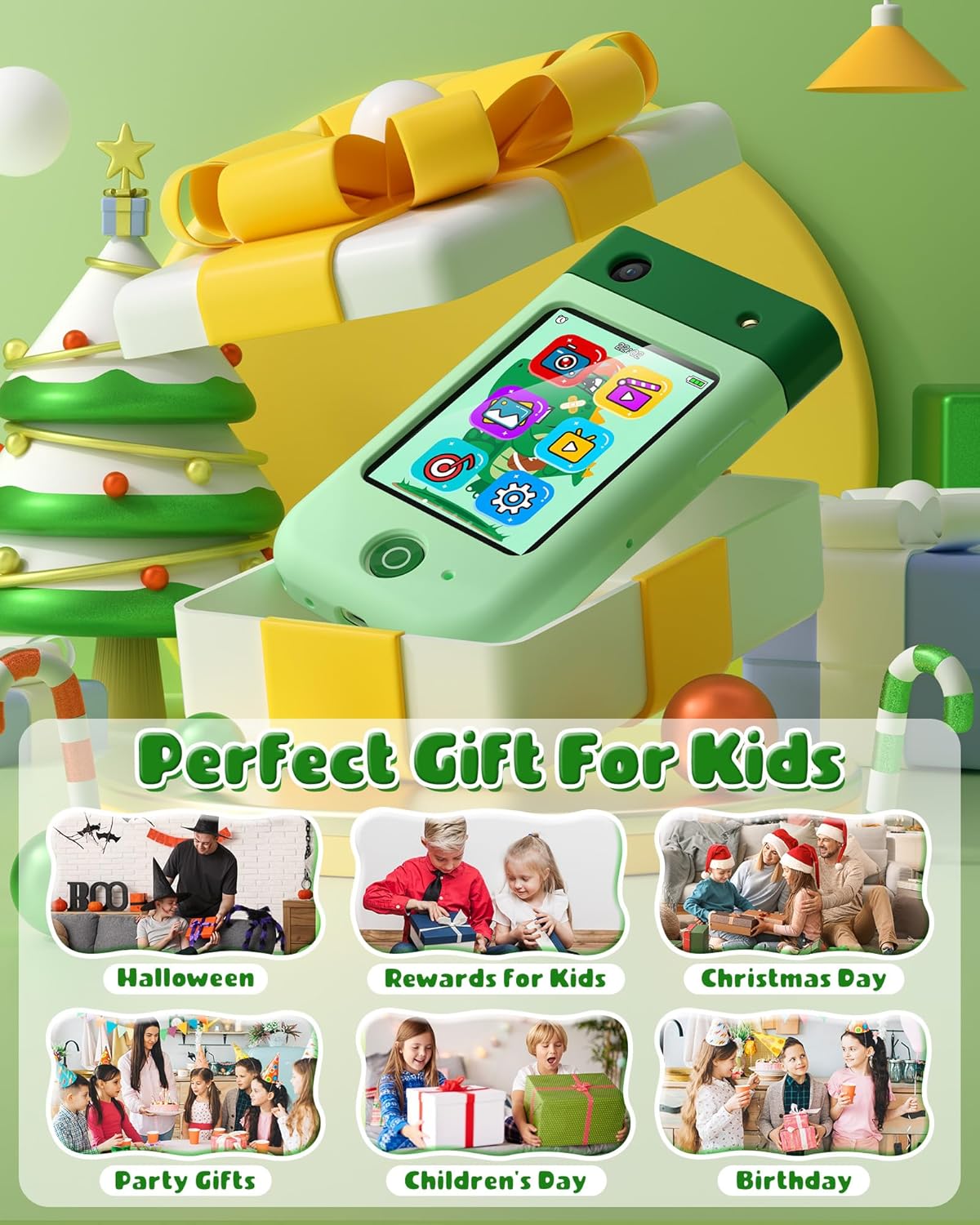 Kids Smart Phone Toys for Boys, Christmas Birthday Gifts for Girls Boys Ages 3-10, Touchscreen Toddler Learning Play Toy Phone with Rotating Camera, Game, Music Player, 8GB SD Card(Green Dinosaur)