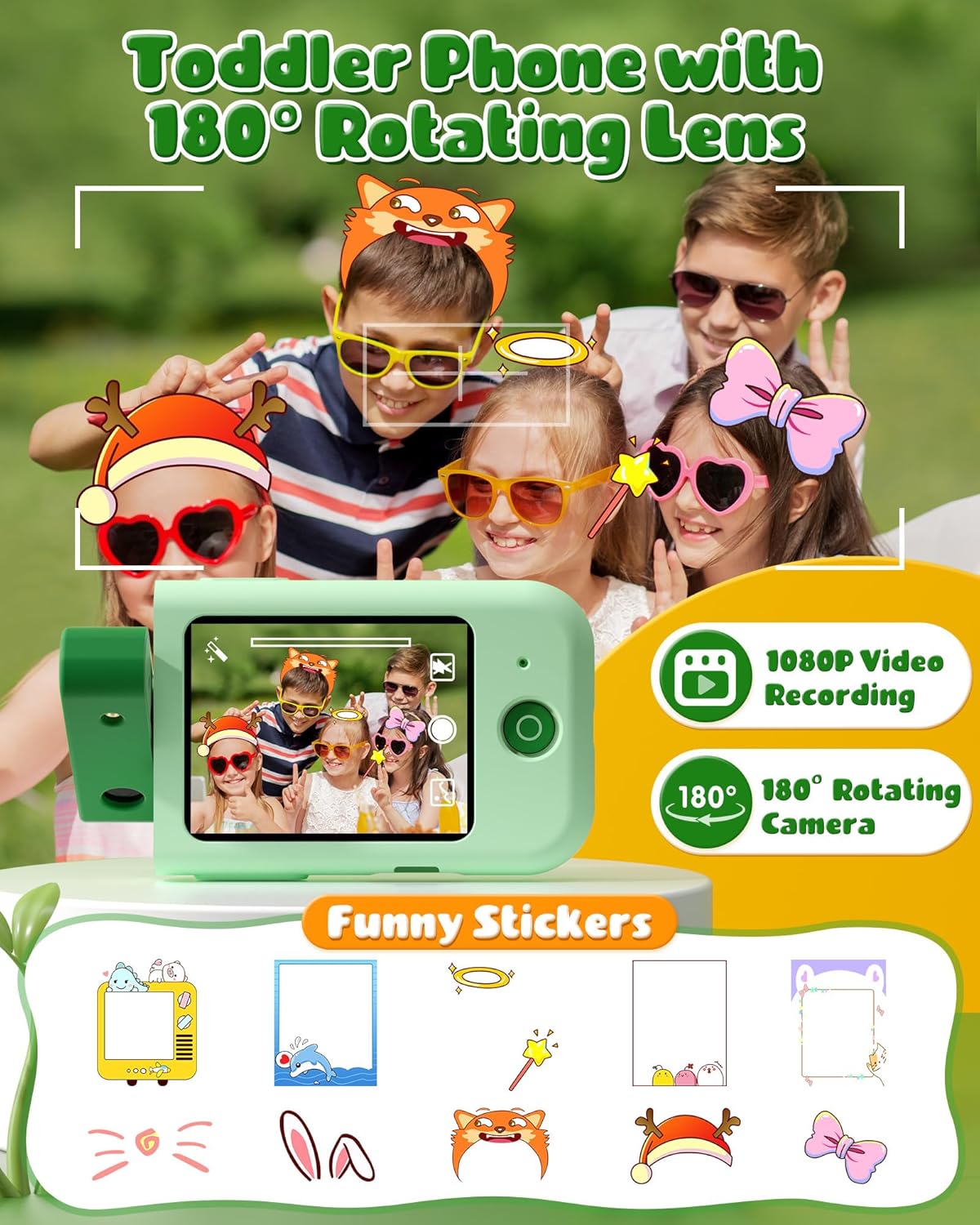 Kids Smart Phone Toys for Boys, Christmas Birthday Gifts for Girls Boys Ages 3-10, Touchscreen Toddler Learning Play Toy Phone with Rotating Camera, Game, Music Player, 8GB SD Card(Green Dinosaur)