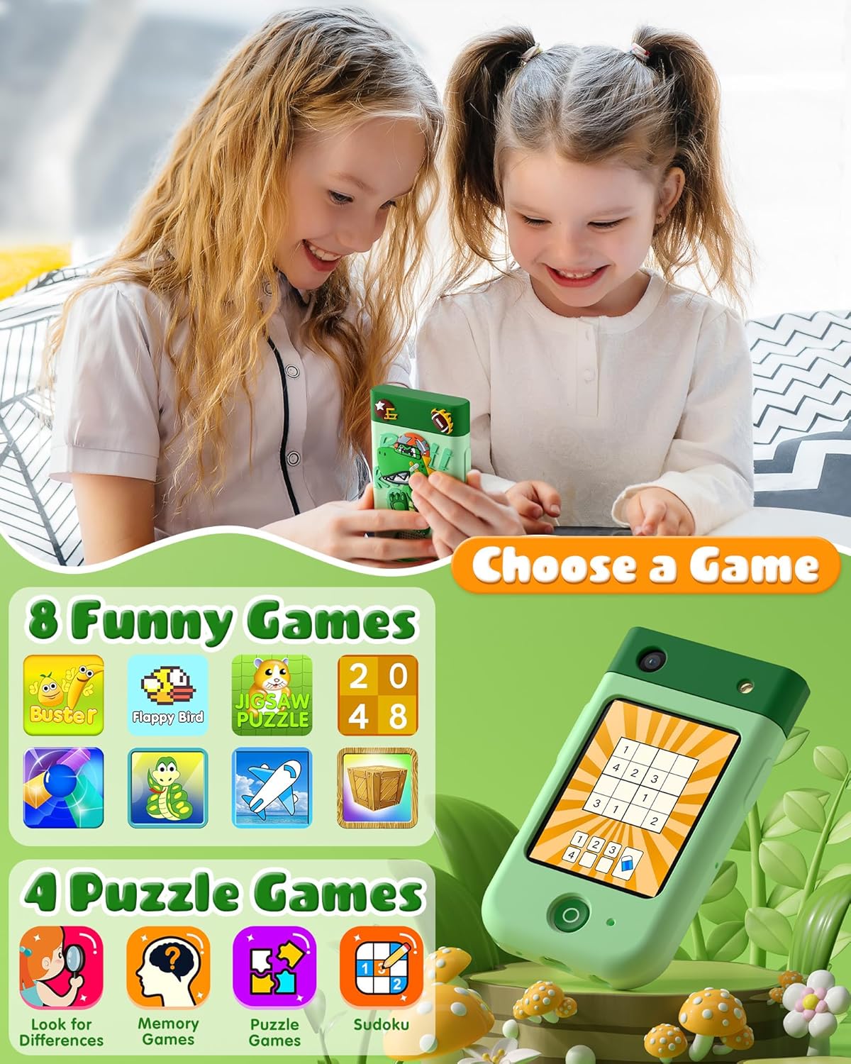 Kids Smart Phone Toys for Boys, Christmas Birthday Gifts for Girls Boys Ages 3-10, Touchscreen Toddler Learning Play Toy Phone with Rotating Camera, Game, Music Player, 8GB SD Card(Green Dinosaur)