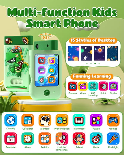 Kids Smart Phone Toys for Boys, Christmas Birthday Gifts for Girls Boys Ages 3-10, Touchscreen Toddler Learning Play Toy Phone with Rotating Camera, Game, Music Player, 8GB SD Card(Green Dinosaur)