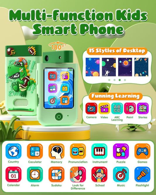Kids Smart Phone Toys for Boys, Christmas Birthday Gifts for Girls Boys Ages 3-10, Touchscreen Toddler Learning Play Toy Phone with Rotating Camera, Game, Music Player, 8GB SD Card(Green Dinosaur)