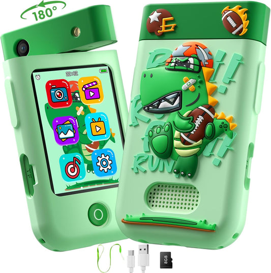 Kids Smart Phone Toys for Boys, Christmas Birthday Gifts for Girls Boys Ages 3-10, Touchscreen Toddler Learning Play Toy Phone with Rotating Camera, Game, Music Player, 8GB SD Card(Green Dinosaur)